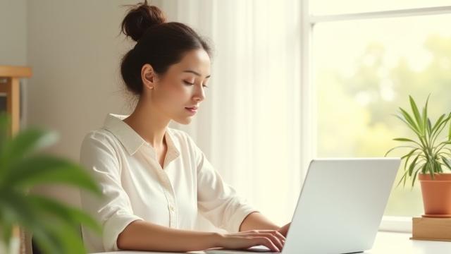 A mindful adult using a laptop in a serene, focused setting, symbolizing digital wellness.