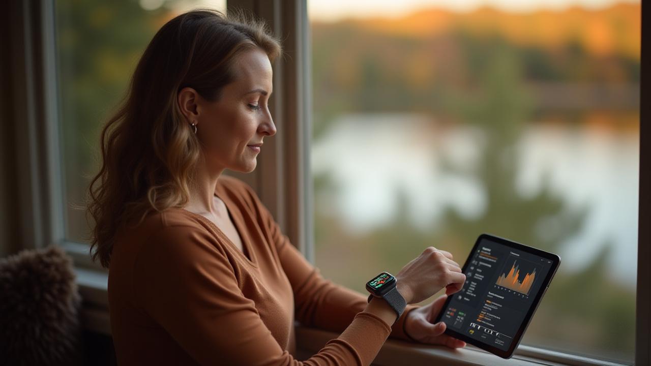 A person looking thoughtfully at a smartwatch displaying health metrics, with a calm, focused expression, in a bright, modern setting.